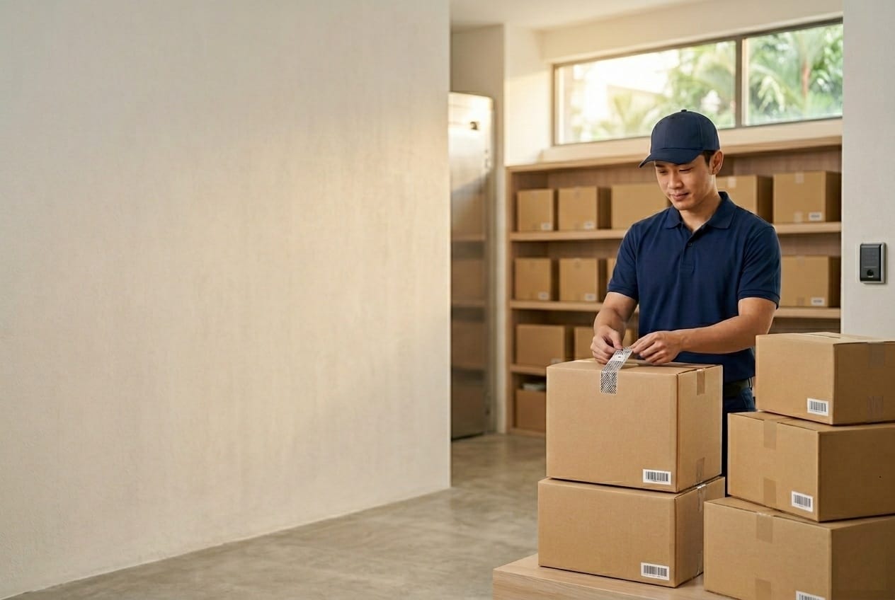Illustration of a sealed carton being prepared for storage