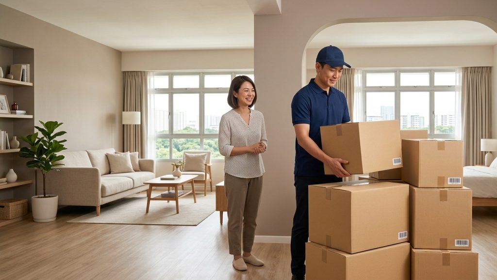 Pack & Store staff collecting sealed boxes from a decluttered Singapore home — doorstep valet storage service