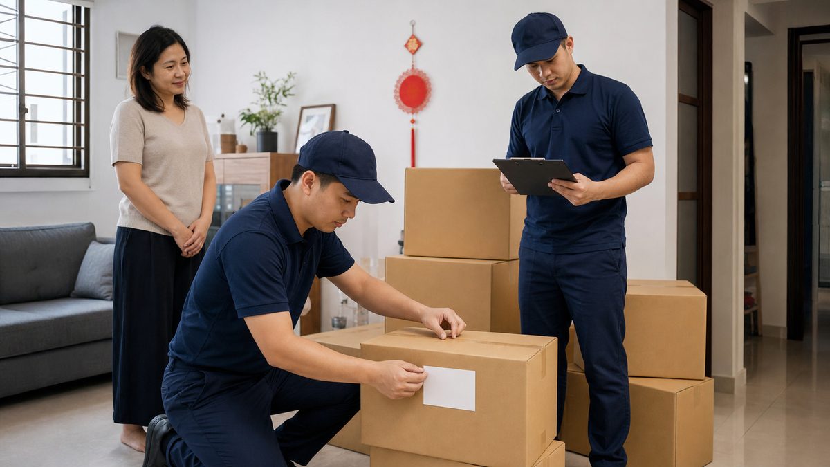 Pack & Store team labelling storage boxes in a Singapore home
