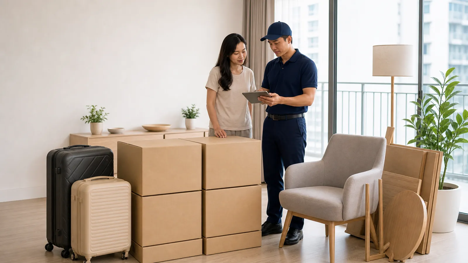 Storage space planning in a Singapore home with Pack and Store staff reviewing household items