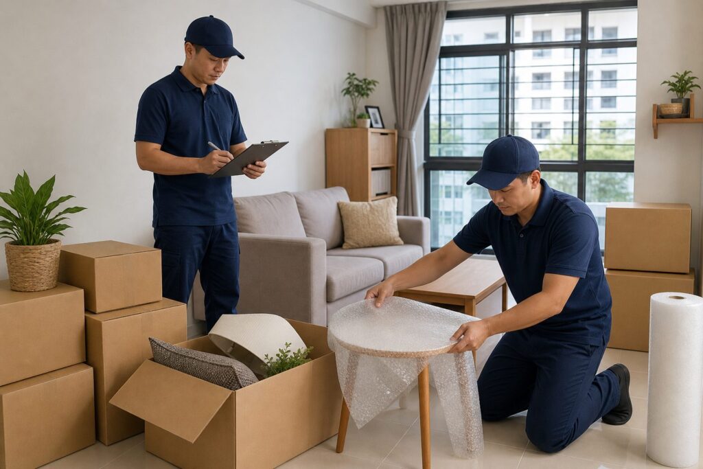 Pack & Store team preparing household items for downsizing storage in a Singapore HDB home