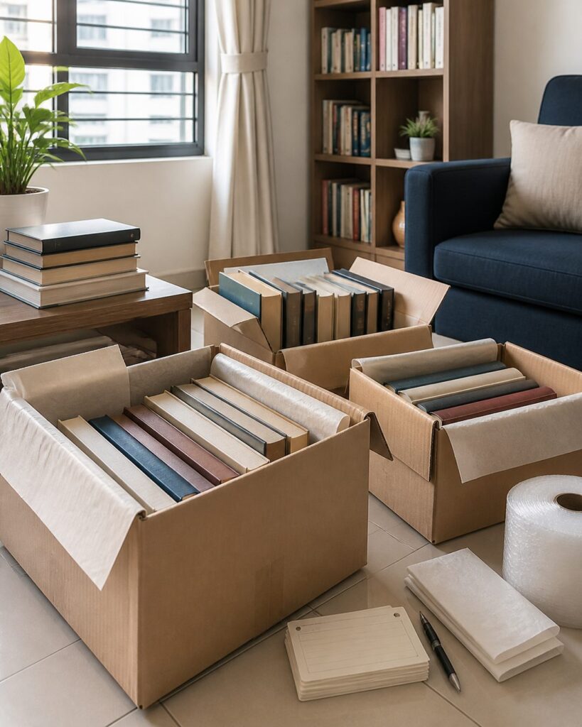 Books packed upright in sturdy cartons in a Singapore HDB living room