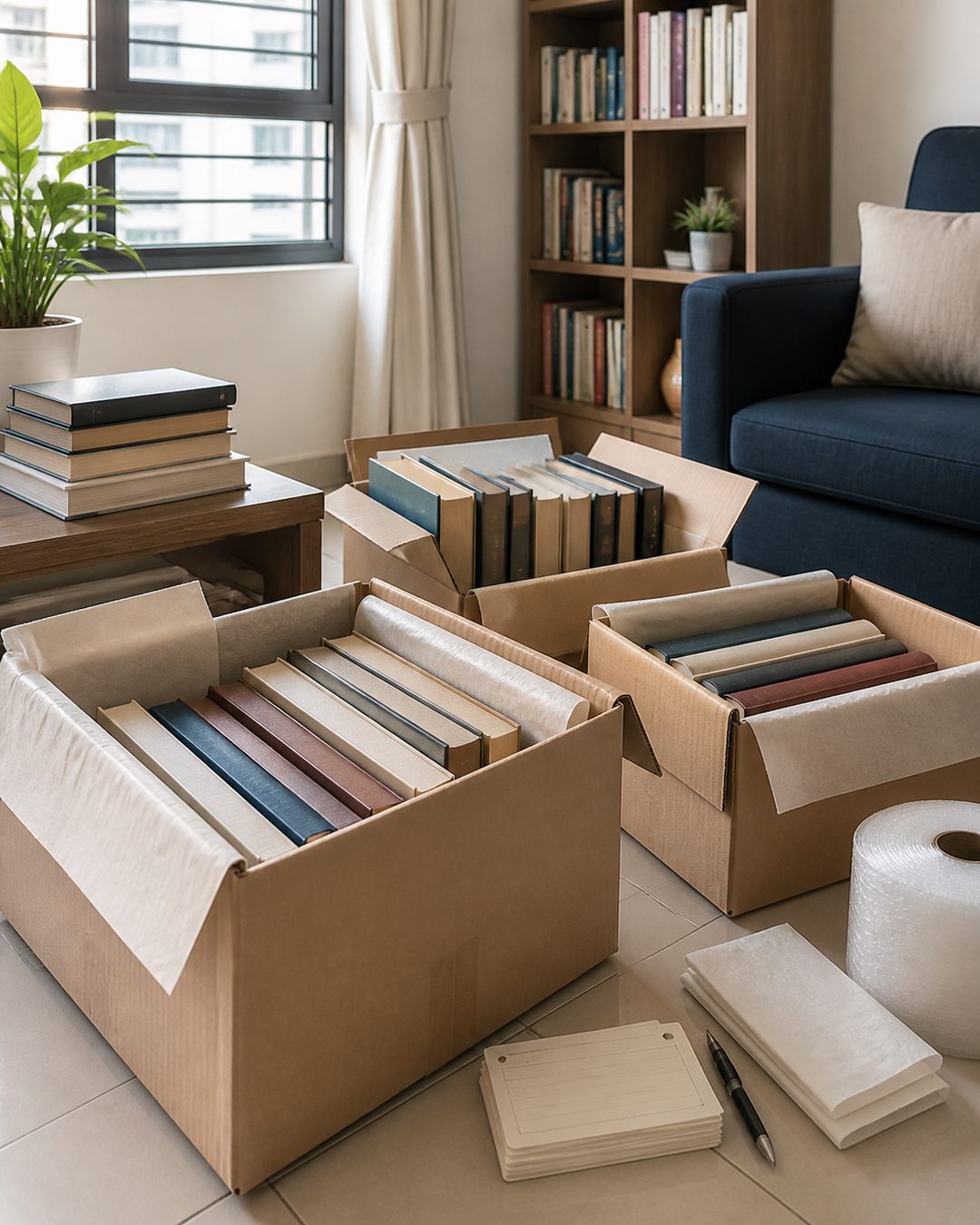 Books packed upright in sturdy cartons in a Singapore HDB living room