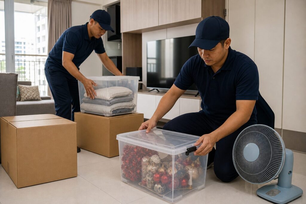 Pack & Store staff preparing festive decorations and less used household items for storage in a Singapore HDB flat