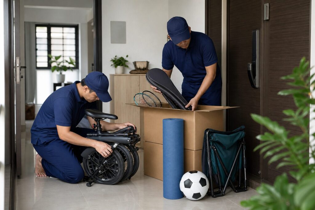 Pack and Store team members preparing household sports equipment for storage in a Singapore flat