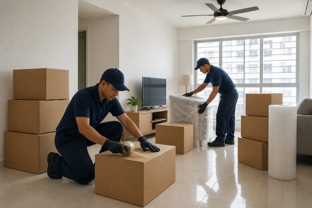 Pack & Store staff preparing boxes for temporary storage during a Singapore home move
